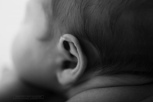 Makroaufnahme des kleinen Ohrs eines Neugeborenen Jungen