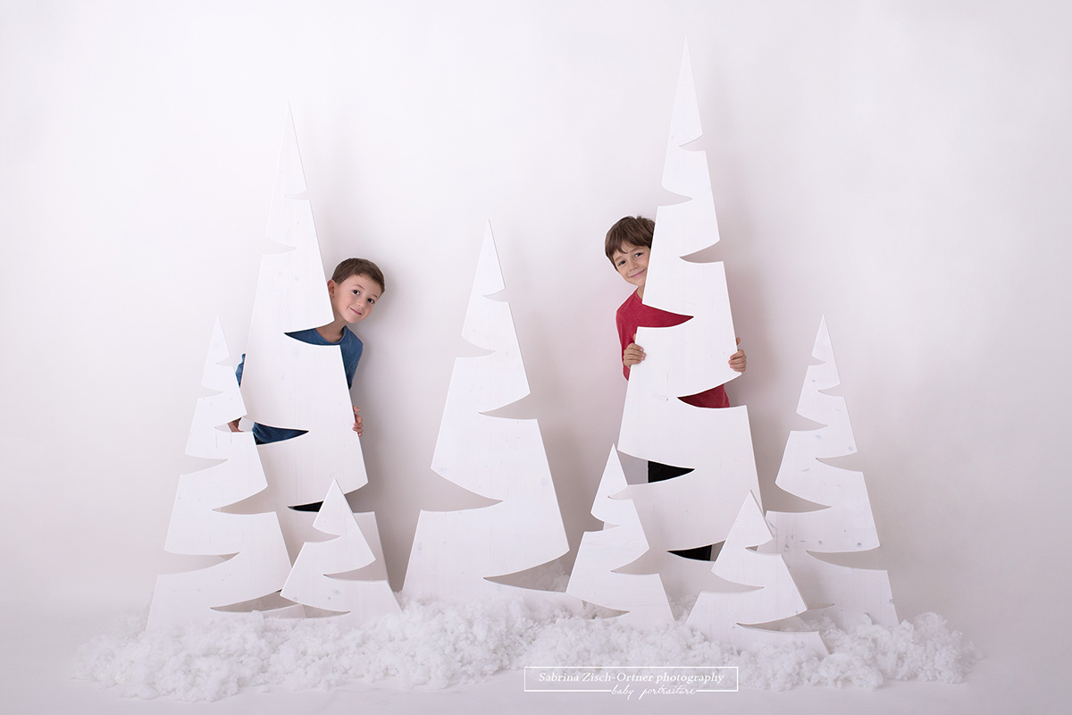 Ein Foto für Weihnachten bei welchem sich die zwei Burschen hinter den schlichten und weißen Weihnachtsbäumen verstecken