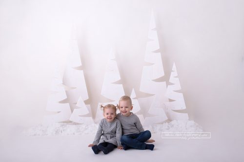kleinen Geschwister in grau gekleidet vor einem Weihnachtswald mit 8 per Hand ausgeschnittenen Weihnachtsbäumen