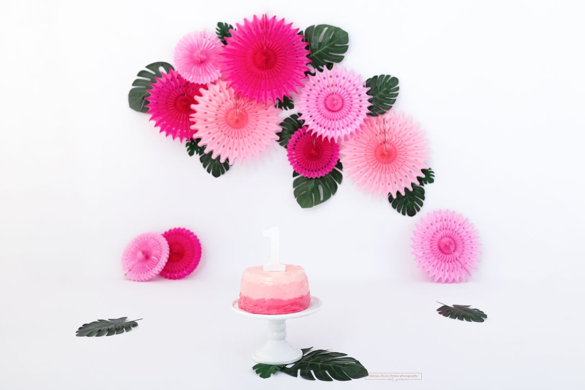 Cake Smash Shooting mit Rosa und Grüner Dekoration und rosa Torte