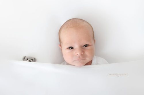 waches neugeborenes Baby mit einem Teddy unter der Decke