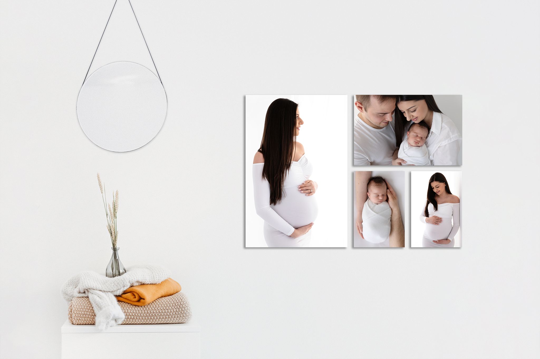 Babybauch und Baby Bilder als Wand Collage Dekoration für Hebammenpraxis Frauenarzt