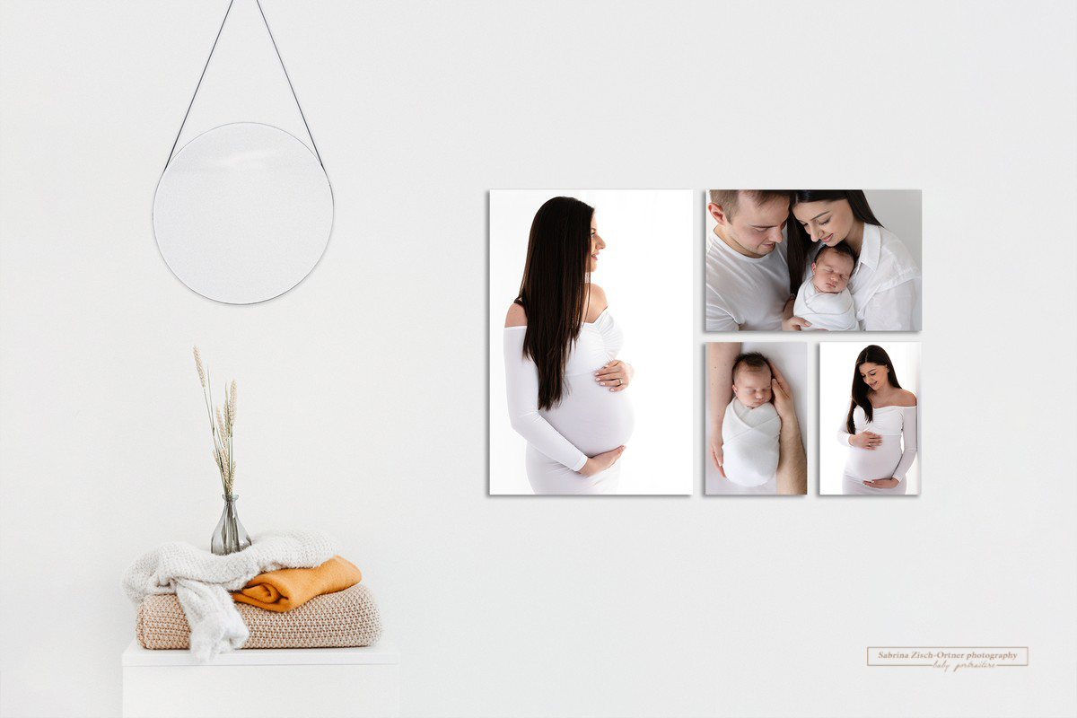 Babybauch und Neugeborenenfotos auf Leinwand im Vorzimmer angebracht in Wien und Umgebung