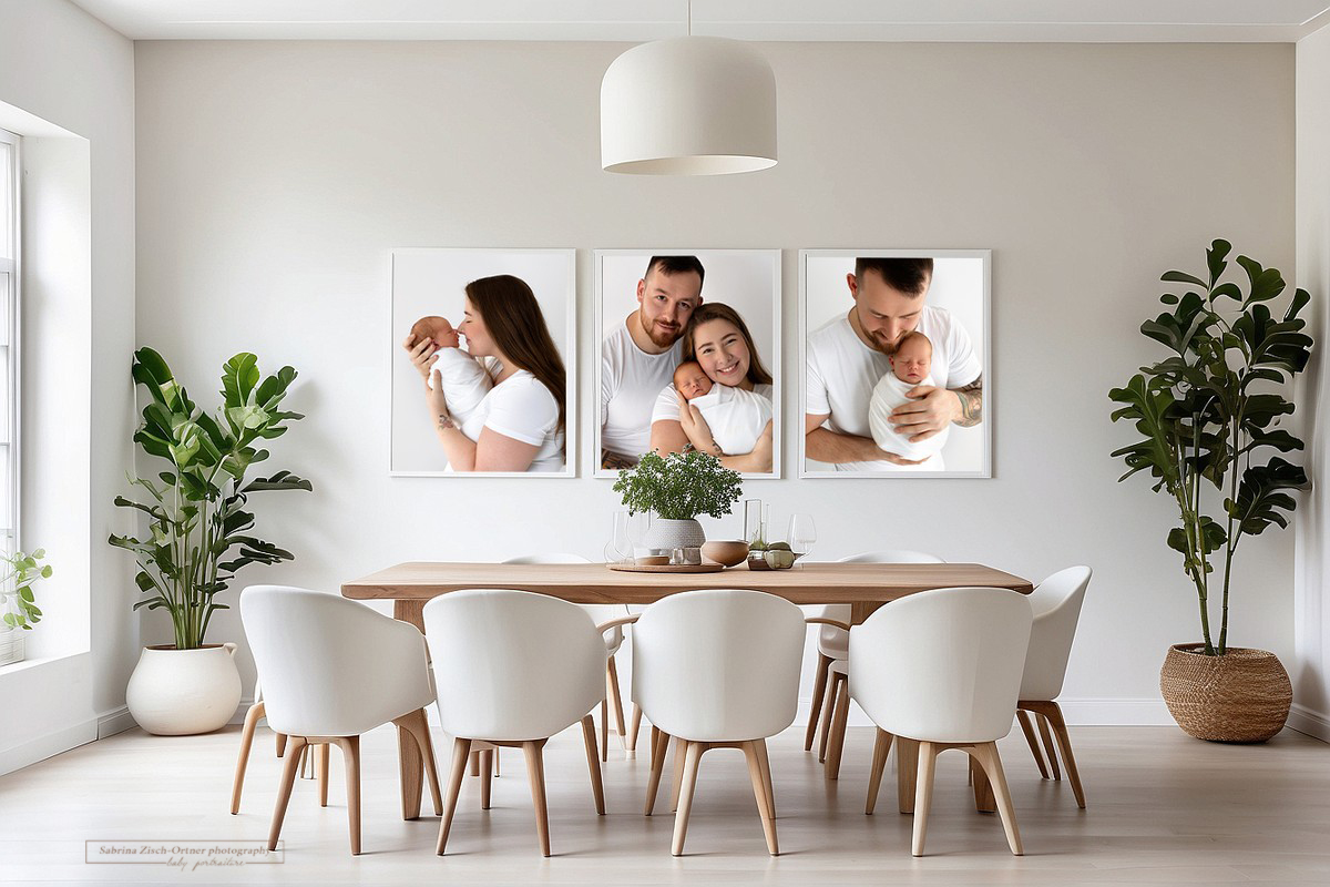 Familienfotos und Babyfotos im Wohnzimmer über Esstisch