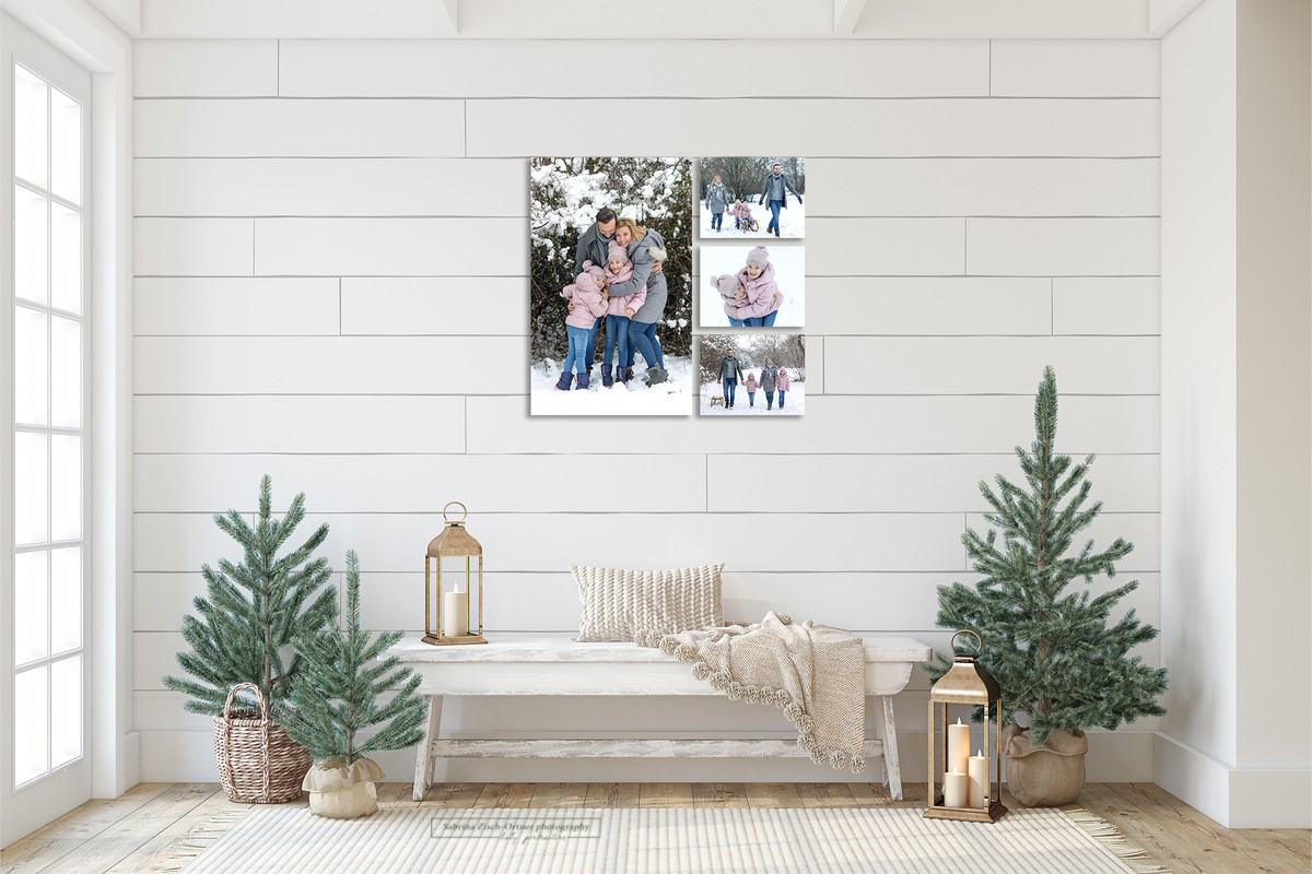 Vorzimmer mit Bildern aus Familienfotoshooting im Winter dekoriert